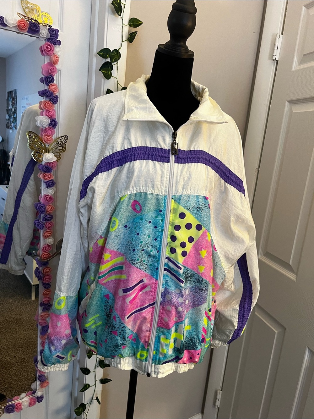 Vintage Neon Abstract Windbreaker Jacket - White with Teal, Pink & Purple